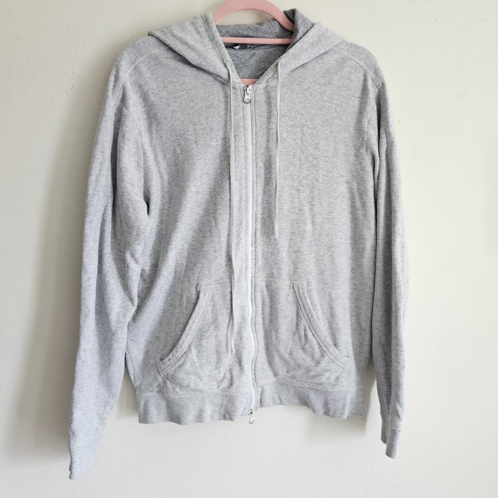 Vince Men’s Lightweight Cotton Full Zip Knitted Hoodie, L, Light Grey